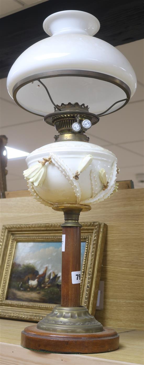 A Moore Bros bone china oil lamp on a later column